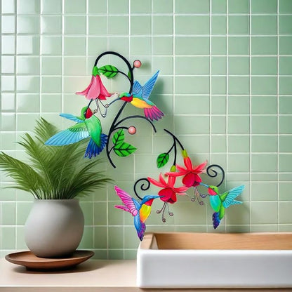 Meduofon 2 Pack Metal Hummingbird & Flower Outdoor Wall Art Decor, Creative Wall Decor for Patio, Fence, Deck, Garden, Home, Kitchen, Balcony