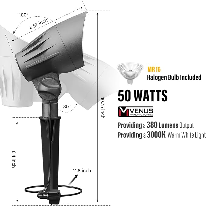 VENUS MANUFACTURING Low Voltage Landscape Spotlights - 50W Halogen High Power Outdoor Tree Lights, 12V Waterproof Metal Spot Light Kits, 3000K Warm Replaceable MR16 Bulb, ETL Listed for Garden Yard