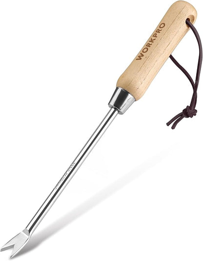WORKPRO Dandelion Weeder Puller Tool with Wood Handle | Polished Stainless Steel Garden Weed Remover Tool, Two-Pronged Fork Weeder Tool for Lawn, Farmland, Transplant, Gardening