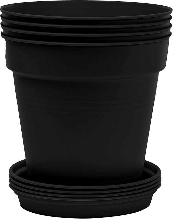 Mintra Garden Pots, 4 Pack Bulk Plastic Plant Pots with Drainage Tray, Round Indoor & Outdoor Decorative Planters with Drain Holes for Flowers, Herbs & Plants, 19cm Diameter – Black, 7.5 in