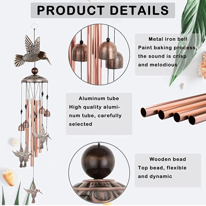 Hummingbird Wind Chimes Copper Alloy for Outdoor Decorations Garden Yard Trees Or As A Good Gift for Family Friends Colleague