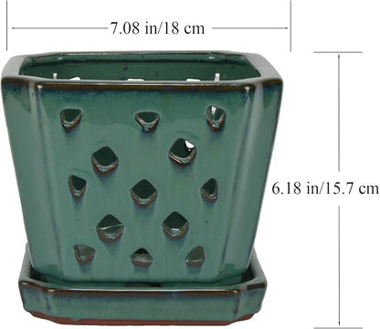 W&W Orchid Pot with Holes and Saucer for Repotting, Green, 7"