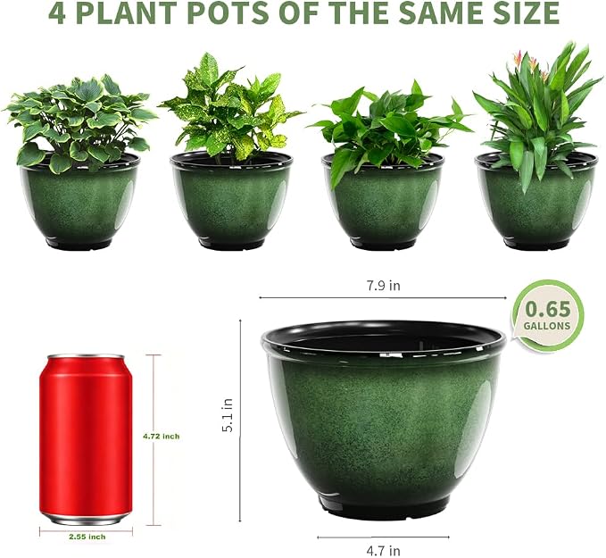 Vanslogreen 8 Inch Plastic Plant Pots, Set of 4 Flower Pots Planters with Drainage Hole, Glossy Smooth Finish Planter for Indoor Outdoor Succulent Snake Plants (Green)
