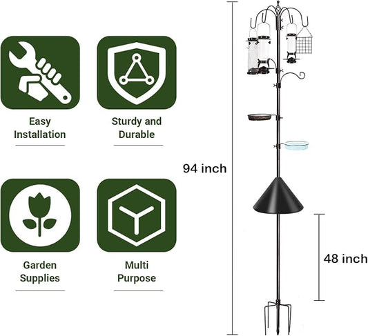 YINGYM 6-Hook Bird Feeding Station Kit Wild Bird Feeder Stand Pole, Multi-Feeder Hanging Kit Stand with Water Bowl, Mesh Tray and Squirrel Guard Baffle, 94 Inch