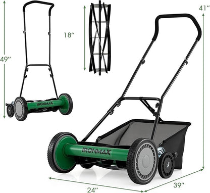 IRONMAX 18 Inch 5-Blade Push Reel Lawn Mower, 9-Level Adjustable Cutting Heights, Removable Grass Catcher, Lightweight No Motor Walk-Behind Manual Grass Cutter for Garden Yard Park (Green, 18 Inch)