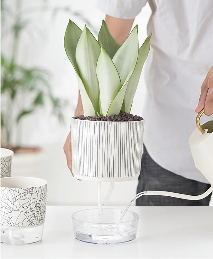 Self Watering Pots for Indoor Plants, Flower Pots, Self Watering Plant Pot-2pcs 4+5.3inch Black Stripes
