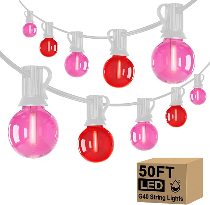 LED Valentine’s Day String Lights, 50Ft Valentines Decorations Outdoor | 25+2 G40 Round Bulbs, Connectable, Shatterproof Hanging Indoor Fairy Lights for Wedding Date Patio, Clear Red Pink