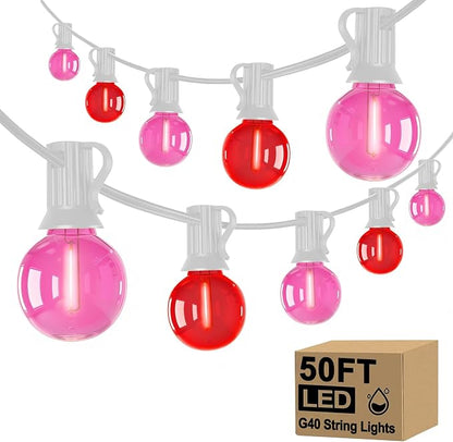 LED Valentine’s Day String Lights, 50Ft Valentines Decorations Outdoor | 25+2 G40 Round Bulbs, Connectable, Shatterproof Hanging Indoor Fairy Lights for Wedding Date Patio, Clear Red Pink