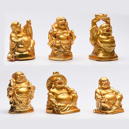 BRABUD 2'' Golden Laughing Buddha Figurines with Red Lips Good Gift and Collection Set of 6 (2'' Gilt)