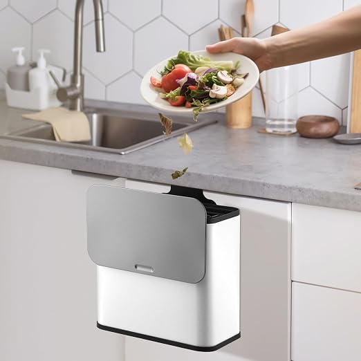 1.3 Gallon/5L Slim Stainless Steel Trash Can with Lid, Odor Control Charcoal Filter, Removable Bucket, Hanging/Wall Mounted/Standing Waste Bin for Kitchen, Bathroom, Bedroom, Office - White