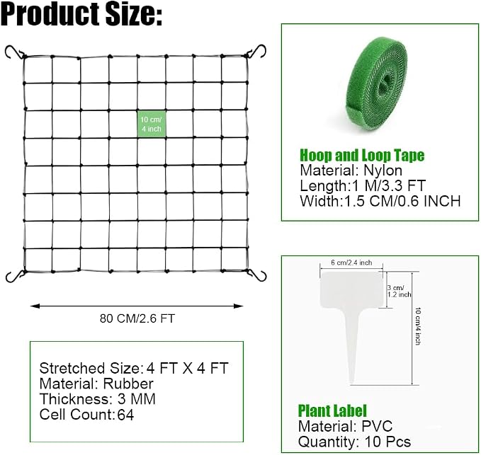 2 Pack Scrog net 4x4 FT Trellis Net for Grow Tent Elastic Net with 8 Hooks for Indoor Plant Growing Tents Garden Plant Climbing Plants Support Each Mesh 64 Cell