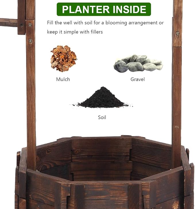Wishing Well for Outside - Garden Wooden Decor Rustic Wishing Well Flower Pots, Height Adjustable Hanging Plant Pots with 2 Reinforced Rods for Patio Lawn Backyard Home Planters (Brown)