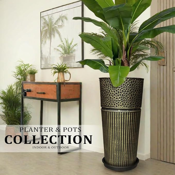 2 Pcs Pack 25 Inches Metal Tall Tapered Planter Pots Large Galvanized Steel Round Planter Flower Pot with Drainage Holes for Indoor Outdoor Deck Porch Garden Home Patio Front Door (antique bronze, M)