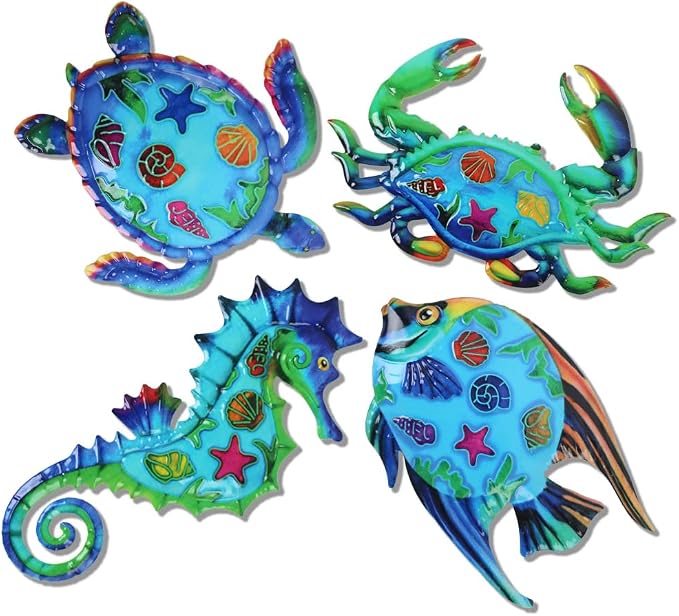VEWOSTAR Metal Ocean Wall Art Decor Outdoor - Themed Metal Wall Sculpture Set of 4, Beach House Decor for Bathroom, Coastal Patio, Garden Fence, Pool Wall Art, Nautical Outdoor Decor Gift
