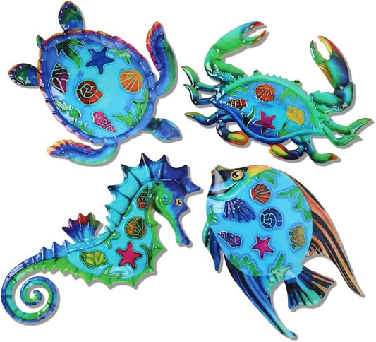VEWOSTAR Metal Ocean Wall Art Decor Outdoor - Themed Metal Wall Sculpture Set of 4, Beach House Decor for Bathroom, Coastal Patio, Garden Fence, Pool Wall Art, Nautical Outdoor Decor Gift