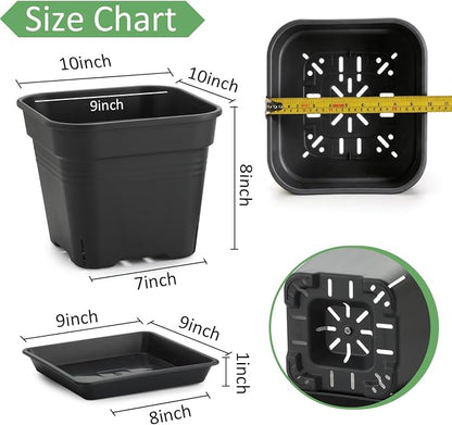 BTPLASTIK 10 Inch Square Planters with Saucers 5 Pack, Heavy Duty Black Plant Pots, Air Pruning & Super Ventilation, Anti-Crack Garden Pots for Indoor Outdoor Orchids Vegetables Trees