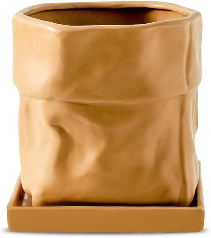Nihow 6 Inch Ceramic Plant Pot with Drainage & Square Saucer, Terracotta | Bag Shape Design,Indoor & Outdoor,Living room/Office/Bedroom/Windowsill/Tabletop,Plant Lovers/Gardeners/Beginners