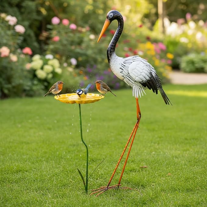 Large Heron Garden Statue for Outside,39" Crane Outdoor Statues with Leaf Tray,Metal Yard Art for Porch Backyard Patio Lawn Decor（Black+White）