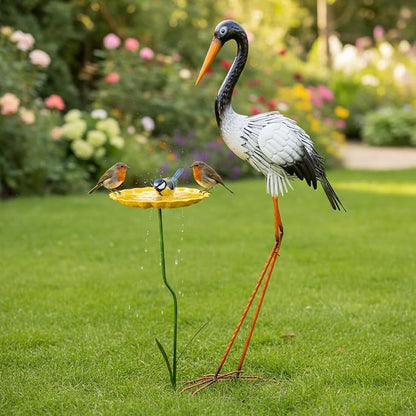 Large Heron Garden Statue for Outside,39" Crane Outdoor Statues with Leaf Tray,Metal Yard Art for Porch Backyard Patio Lawn Decor（Black+White）