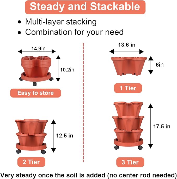 GameXcel Vertical Planter Tower - 3 Tier Stackable Garden Planters with Wheels and Tools Plant Pots for Strawberry Herb Flower and Vegetable Indoor Outdoor Use Red