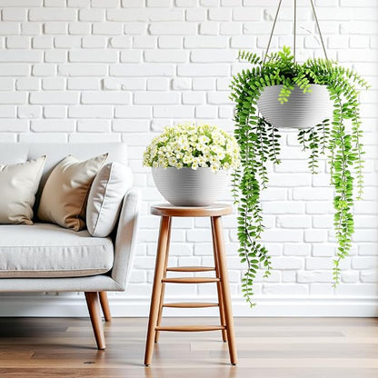 Asnext Line Pattern 10 Inch Hanging Planter for Indoor Outdoor Plants, 2 Pack Round Hanging Pots for Plants (White)