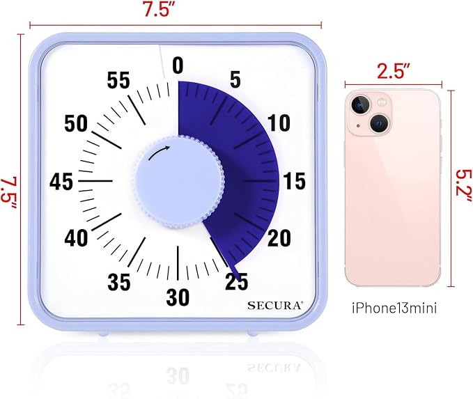 Secura 7.5 Inch Visual Timer, 60 Minute Oversize Visual Countdown Timer for Kids and Adults, Durable Mechanical Time Management Tool (Violet)