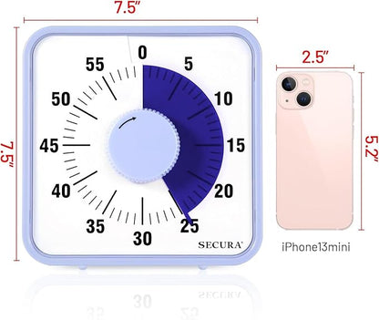 Secura 7.5 Inch Visual Timer, 60 Minute Oversize Visual Countdown Timer for Kids and Adults, Durable Mechanical Time Management Tool (Violet)