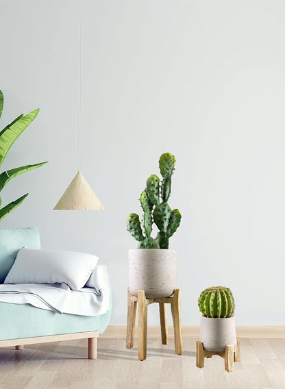 Serene Spaces Living Minimalist Cement Planter with Wooden Legs – Sleek Planter for Succulents, Cacti, Indoor Greenery, Versatile, Durable Plant Pot for Home or Office, 8" Diameter & 9" Tall