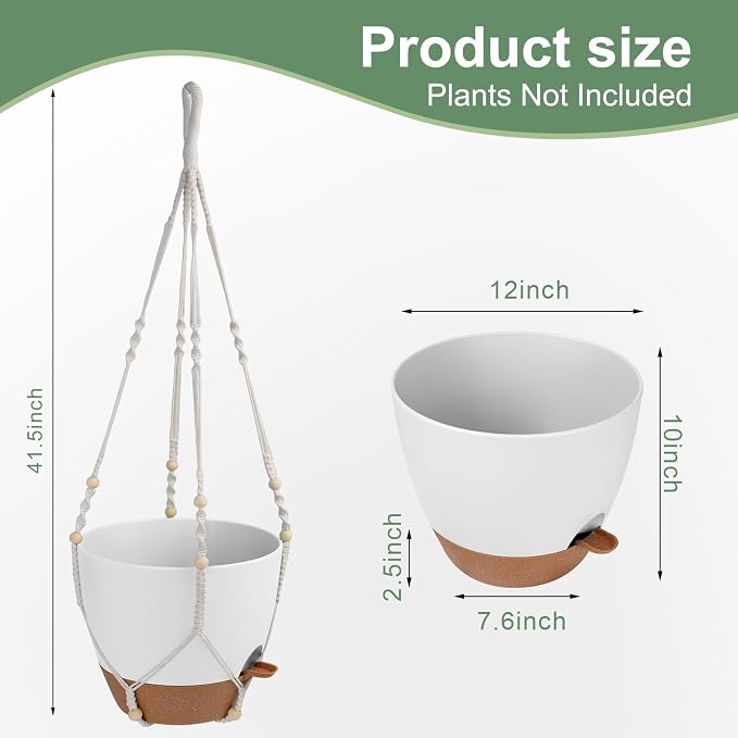 Vanslogreen Hanging Planters for Indoor Outdoor Plants, 12 Inch Self Watering Hanging Pot with Drainage Holes & Removable Tray, Macrame Plant Hanger for Boho Home Decor (Ivory+White)(Ivory+White)