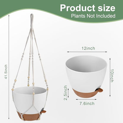 Vanslogreen Hanging Planters for Indoor Outdoor Plants, 12 Inch Self Watering Hanging Pot with Drainage Holes & Removable Tray, Macrame Plant Hanger for Boho Home Decor (Ivory+White)(Ivory+White)