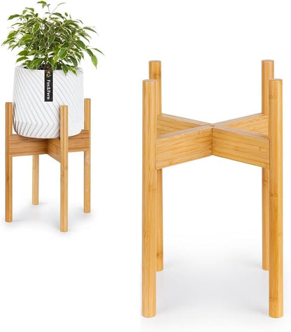 Fox & Fern Bamboo Plant Stand — 8 Inch Fixed Size Mid Century Plant Stand for Indoor Pots (Not Included); Raised Flower Pot Holder for Indoors; Plug In Design; Two Height Options - Bamboo