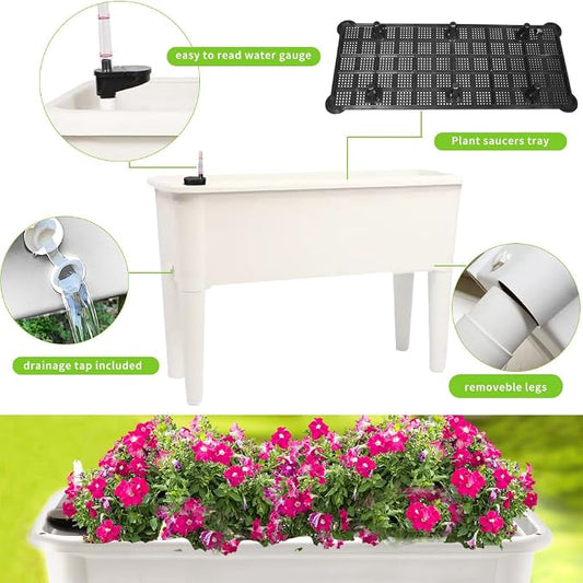 4 Pcs Self Watering Elevated Raised Garden Bed, Large Outdoor Plastic Planter Box Big Flower Plant Pot for Planting Flowers Vegetables and Herbs (4, White)