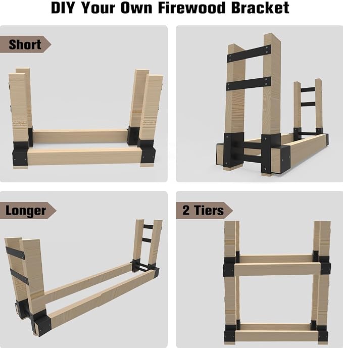 Outdoor Firewood Rack Bracket Kit with 4 Support Bars for Fire Wood Pile Storage, Heavy Duty DIY Fireplace Log Stacking Stand Holder for 2x4 lumber, Black, 1 Pair