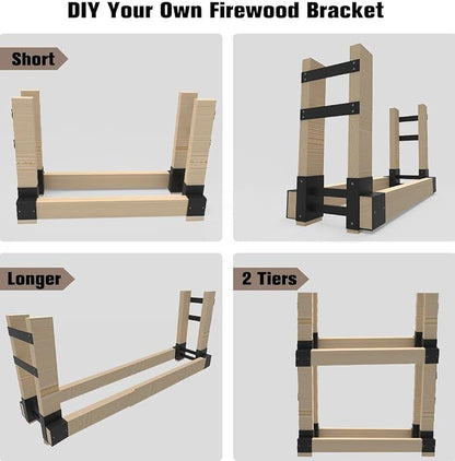 Outdoor Firewood Rack Bracket Kit with 4 Support Bars for Fire Wood Pile Storage, Heavy Duty DIY Fireplace Log Stacking Stand Holder for 2x4 lumber, Black, 1 Pair
