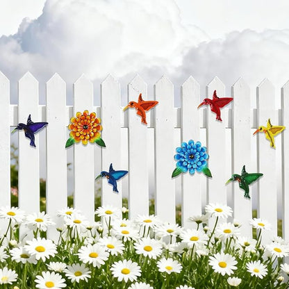 8 PCS Metal Hummingbird Flower Wall Art Garden Decor, 6“ Birds Sunflower Outdoor Wall Art, 3D Colorful Bird Wall Hanging Art Sculpture Outside Living Room Porch Garden Yard