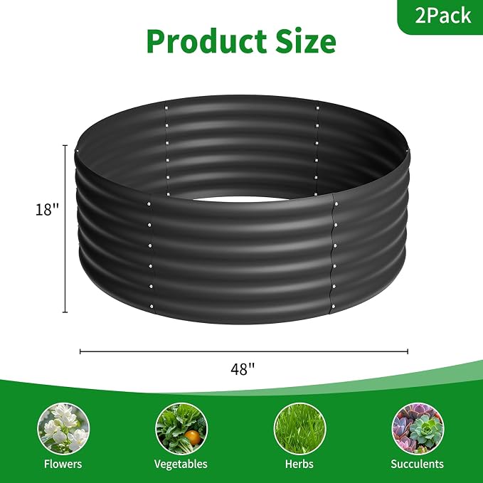 DDK Galvanized Raised Garden Bed, Round Outdoor Planter Bed, 4x4x1.5ft Metal Planter Box for Gardening and Planting,2Pack,BK