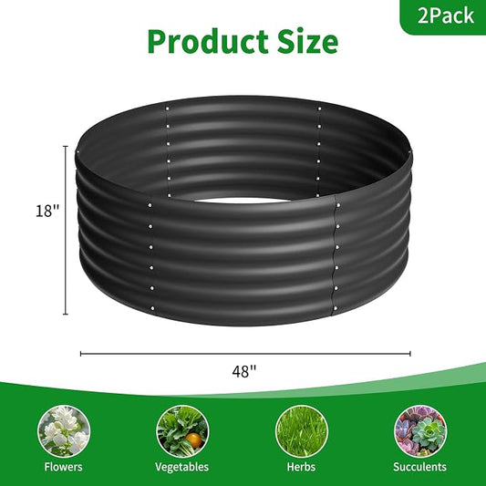 DDK Galvanized Raised Garden Bed, Round Outdoor Planter Bed, 4x4x1.5ft Metal Planter Box for Gardening and Planting,2Pack,BK