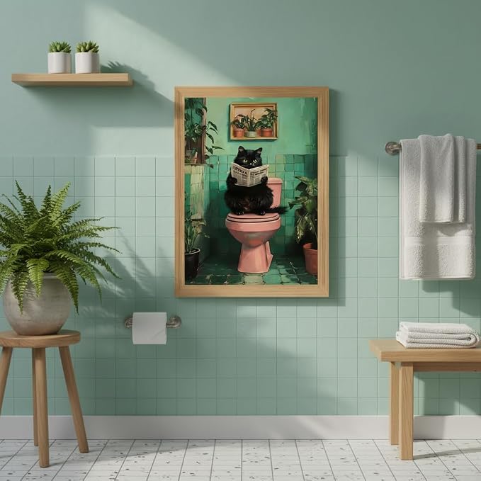Funny Bathroom Wall Art Black Cat bathroom decor, funny Cat Bathroom Decor Canvas Print, funny Animal bathroom Wall Decor Framed Artwork for Bathroom Home 8x10 Inch
