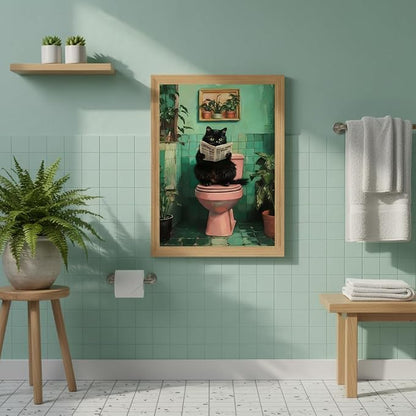 Funny Bathroom Wall Art Black Cat bathroom decor, funny Cat Bathroom Decor Canvas Print, funny Animal bathroom Wall Decor Framed Artwork for Bathroom Home 8x10 Inch