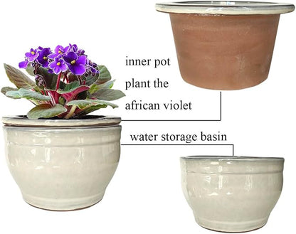 African Violet Pots Self Watering Round Ceramic Violet Pot (White, 6 inch)