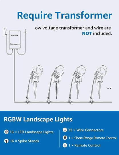 SUNVIE RGBW Low Voltage Landscape Lighting LED Color Changing Landscape Lights Remote Control Waterproof Spotlights Outdoor Landscaping Lights for Yard Garden Christmas 16 Pack with Connectors