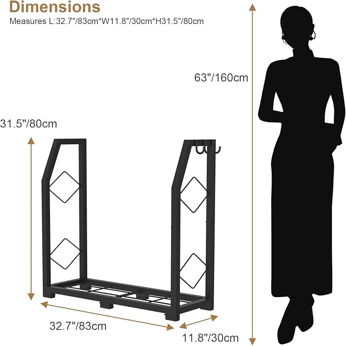 VyGrow Firewood Rack for Outdoor, Firewood Holder with 3 Hanging Hooks, Heavy Duty Wood Rack for Indoor Outdoor Patio, Black