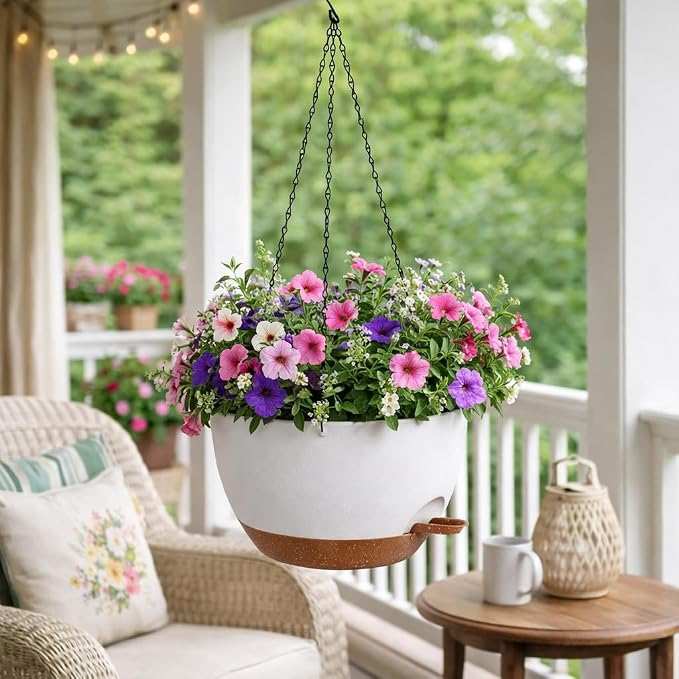 TYMENSH Hanging Plant Pots 12 Inch Set of 2, Self Watering Hanging Planters with Drainage Holes, Removable Saucer, Durable Plastic Flower Pots with Chains for Indoor Outdoor Plants, White