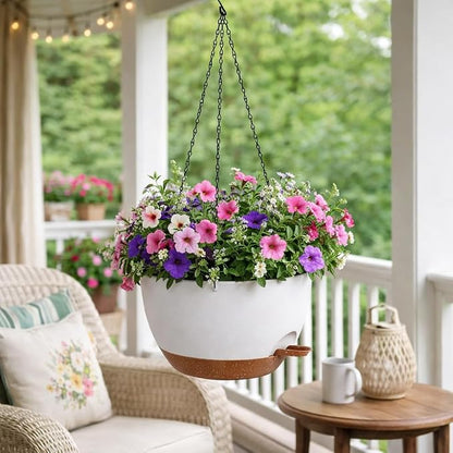 TYMENSH Hanging Plant Pots 12 Inch Set of 2, Self Watering Hanging Planters with Drainage Holes, Removable Saucer, Durable Plastic Flower Pots with Chains for Indoor Outdoor Plants, White