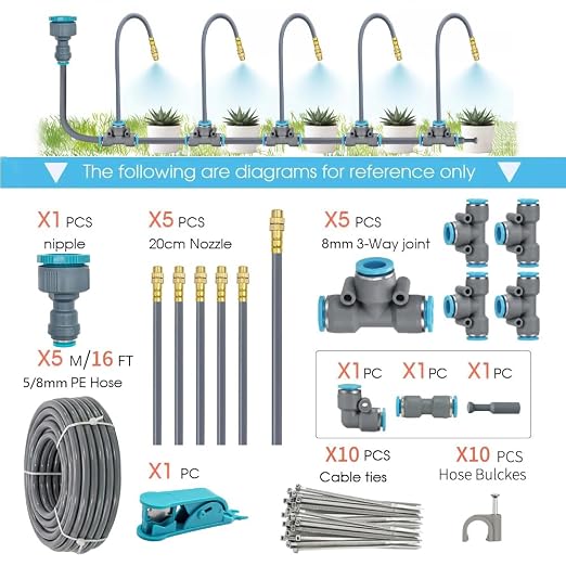 Drip Irrigation System, 16Ft 5/16 Inch Hose, 5 Adjustable Copper Nozzles, Automatic Atomizing Watering Kit for Greenhouse, Outdoor, Raised Bed, Lawn