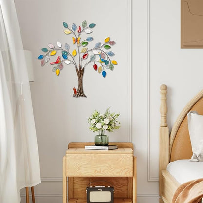 dreamskip 25" Tree of Life Metal Wall Art with Colorful Leaves and Birds, Large Metal Tree Wall Decor Sculpture Outdoor Indoor, Living Room, Patio, Fence, Bedroom, Garden Decoration