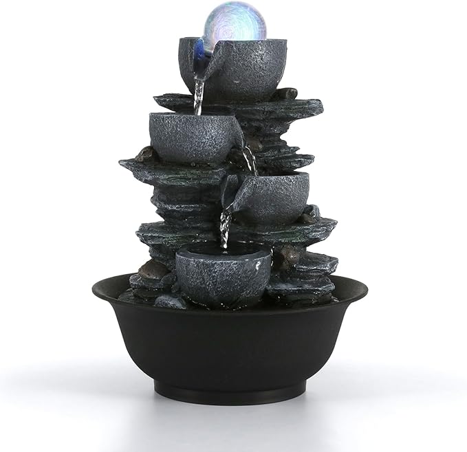 Dyna-Living Tabletop Water Fountain Indoor Waterfalls Fountains with Colored LED Light Decorative Tabletop Fountain with Automatic Pump, Desktop Indoor Water Fountains for Office Relaxing