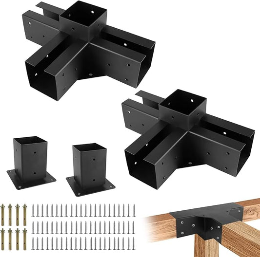 Pergola Gazebo Brackets Kit Nopwer - 4-Way Right Angle Corner Bracket for 4x4 Inch Wood Beams