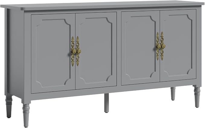 RoyalCraft Sideboard Buffet Cabinet with Storage, 59" Mid Century Modern Credenza with 4 Doors, Coffee Bar Wine Bar Storage Cabinet with Artistic Carved Handle for Living Room, Dining Room, Gray