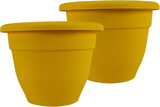 The HC Companies 14 Inch Caribbean Planter Pots with Drainage & Plug, Rolled Rim Plastic Planters for Indoor & Outdoor Plants, 2-Pack Decorative Flower Pots for Garden, Office & Home Decor, Honey